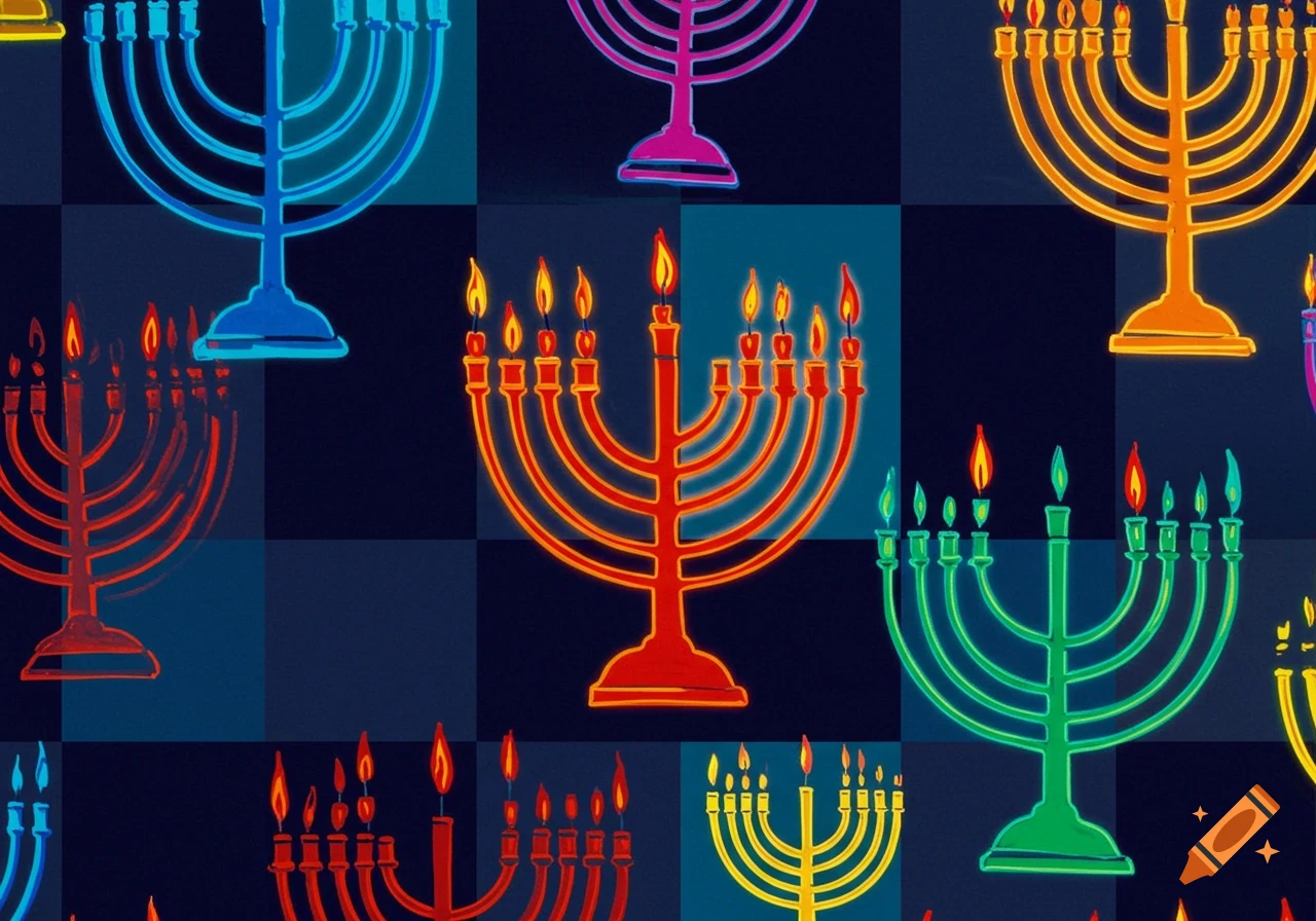 A pop art style pattern of colorful menorahs against a checkerboard background.