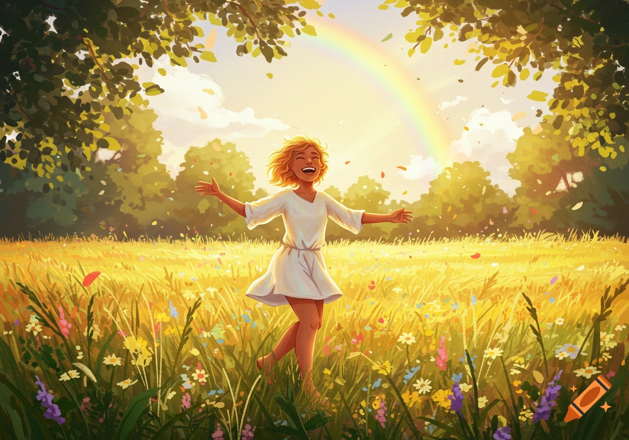 A joyful person with arms outstretched, laughing in a sunlit field of wildflowers with a rainbow overhead, in a vibrant illustration style.