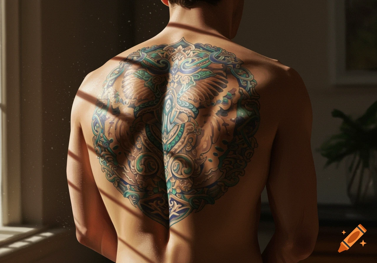A man's back is covered in a large, intricate, colorful tattoo featuring abstract patterns, illuminated by sunlight through a window.