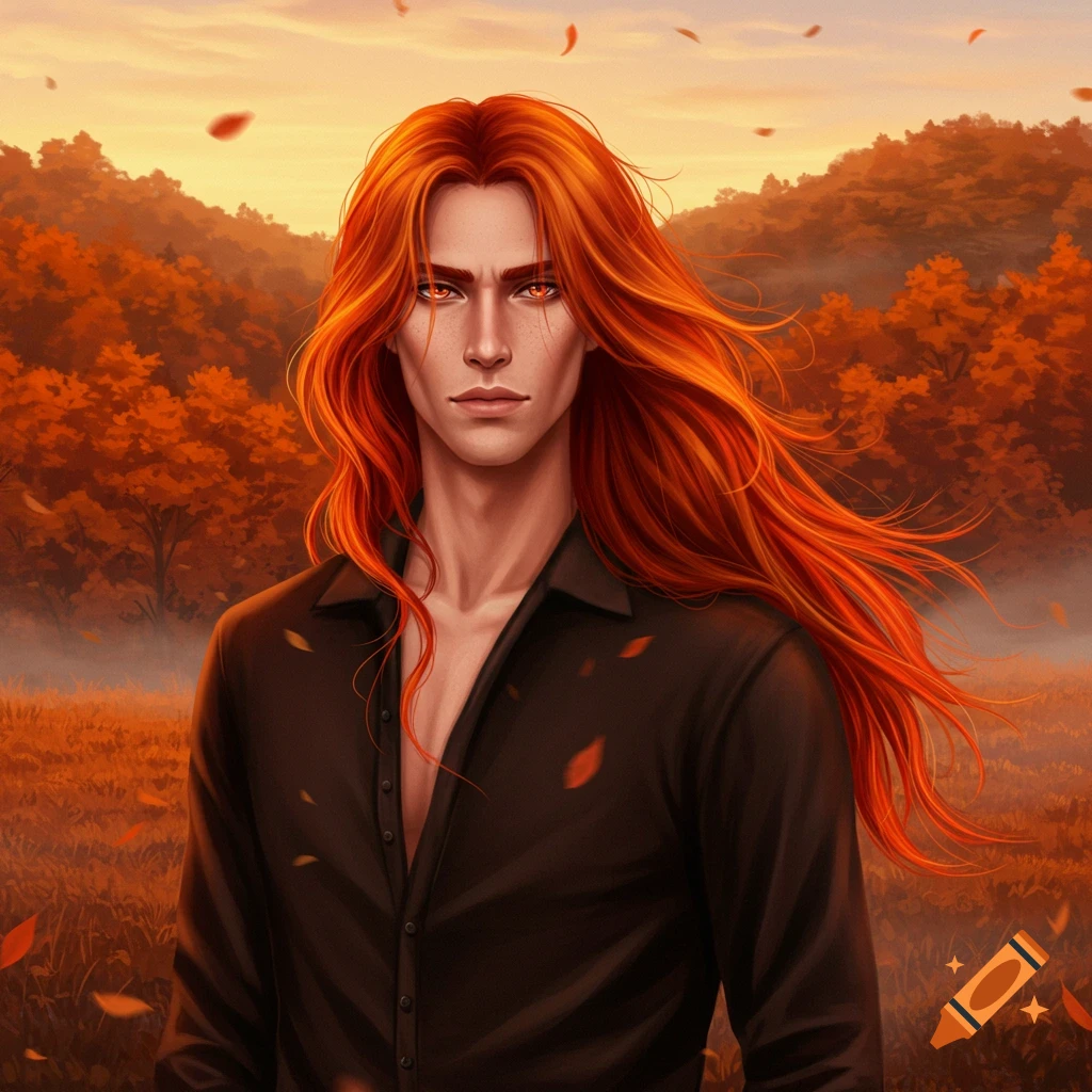 A male character with long, flowing bright orange-red hair and glowing orange eyes stands in an autumn forest at sunset wearing a dark, unbuttoned shirt.