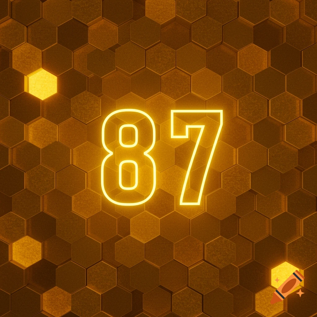 Glowing neon number 87 on a golden honeycomb pattern background.