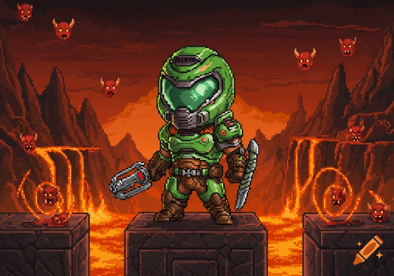 A chibi pixel art Doom Slayer stands on a stone block in a fiery, hellish landscape with small flying demons.