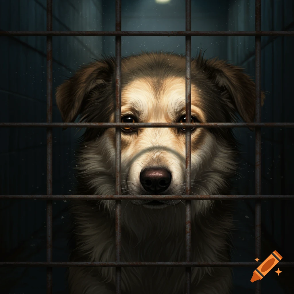 A sad brown and white dog looking out through rusty cage bars in a dark, dimly lit digital painting.