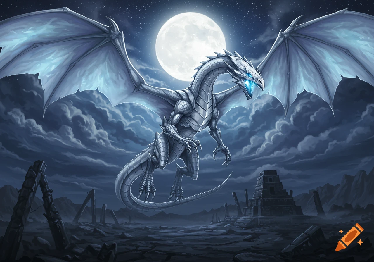 A white dragon with glowing blue eyes and mouth hovers against a bright full moon in a cloudy night sky over a ruined landscape.