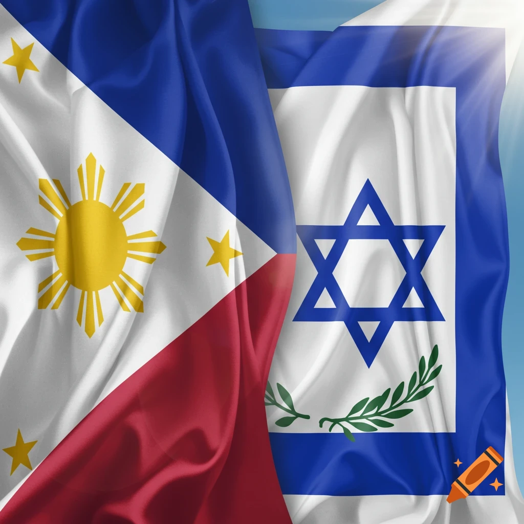 A photorealistic image showing the national flags of the Philippines and Israel overlapping, with fabric folds.
