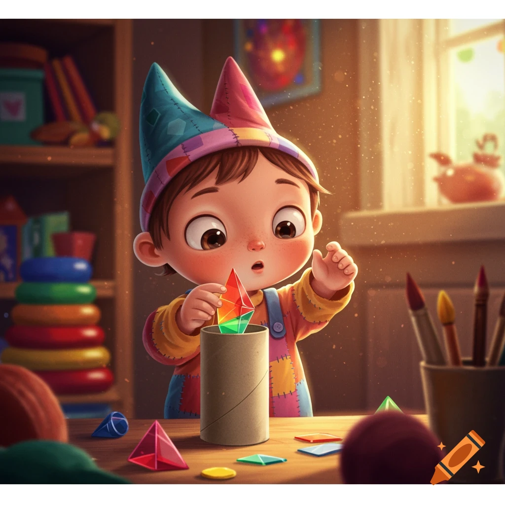 A whimsical cartoon child in a pointy hat playing with colorful prisms and a cardboard tube on a sunlit table.