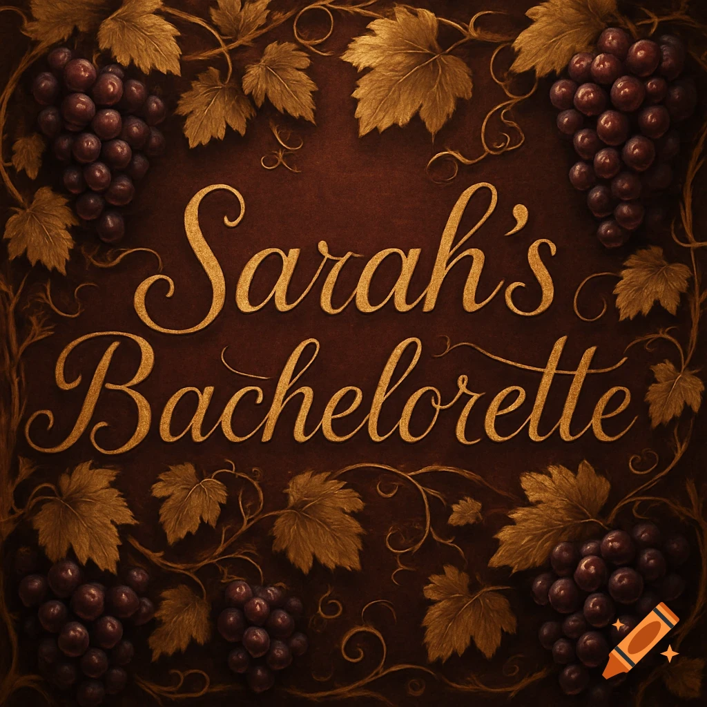 Gold script 'Sarah's Bachelorette' on a brown background, surrounded by grapevines and leaves.
