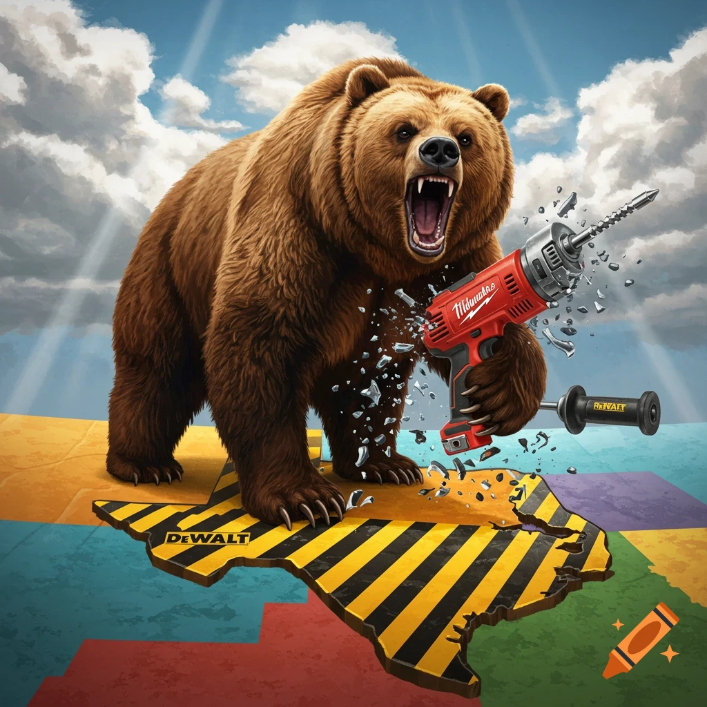 A roaring brown bear breaks a red Milwaukee drill while standing on a cracking, yellow and black striped map of southern US states under a blue sky.