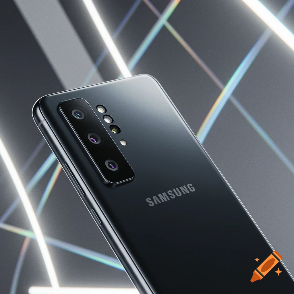 Back of a dark Samsung smartphone with a multi-lens camera module and glowing light streaks in the background.