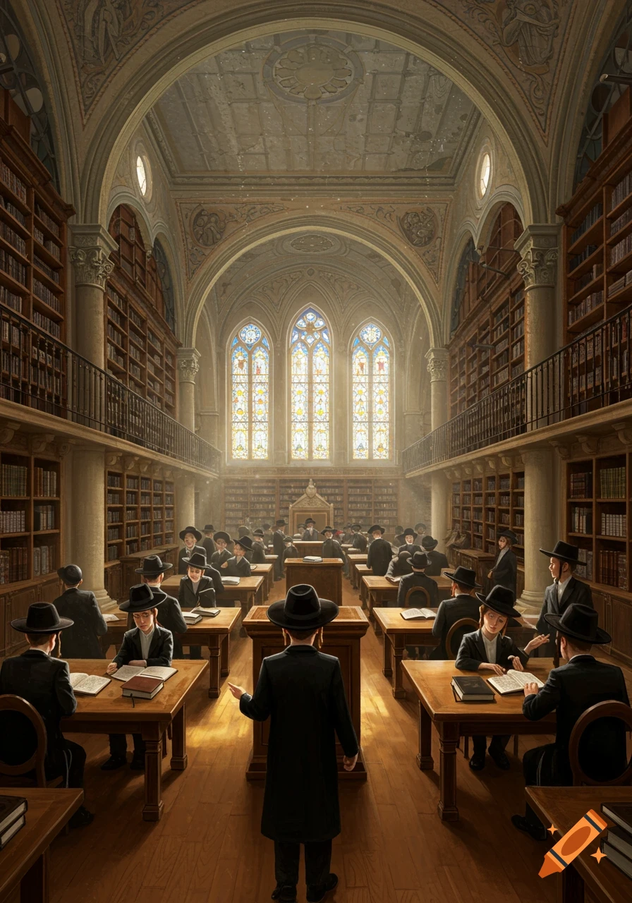 Many men in black hats and coats study at desks in a vast, ornate library with towering bookshelves and stained glass windows.