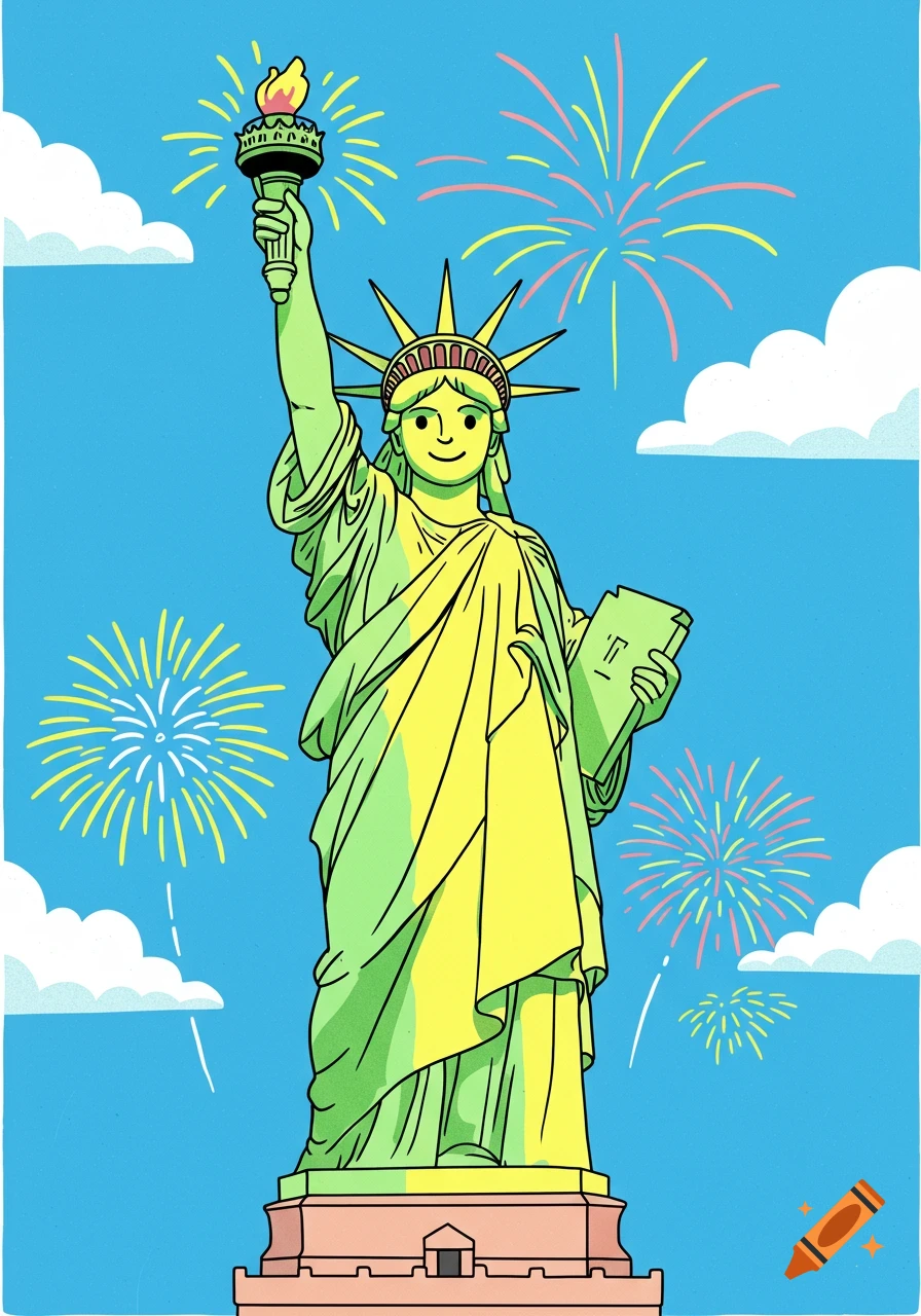 Simplified cartoon illustration of the Statue of Liberty with a smiling face, holding a torch and tablet, against a blue sky with fireworks and clouds.