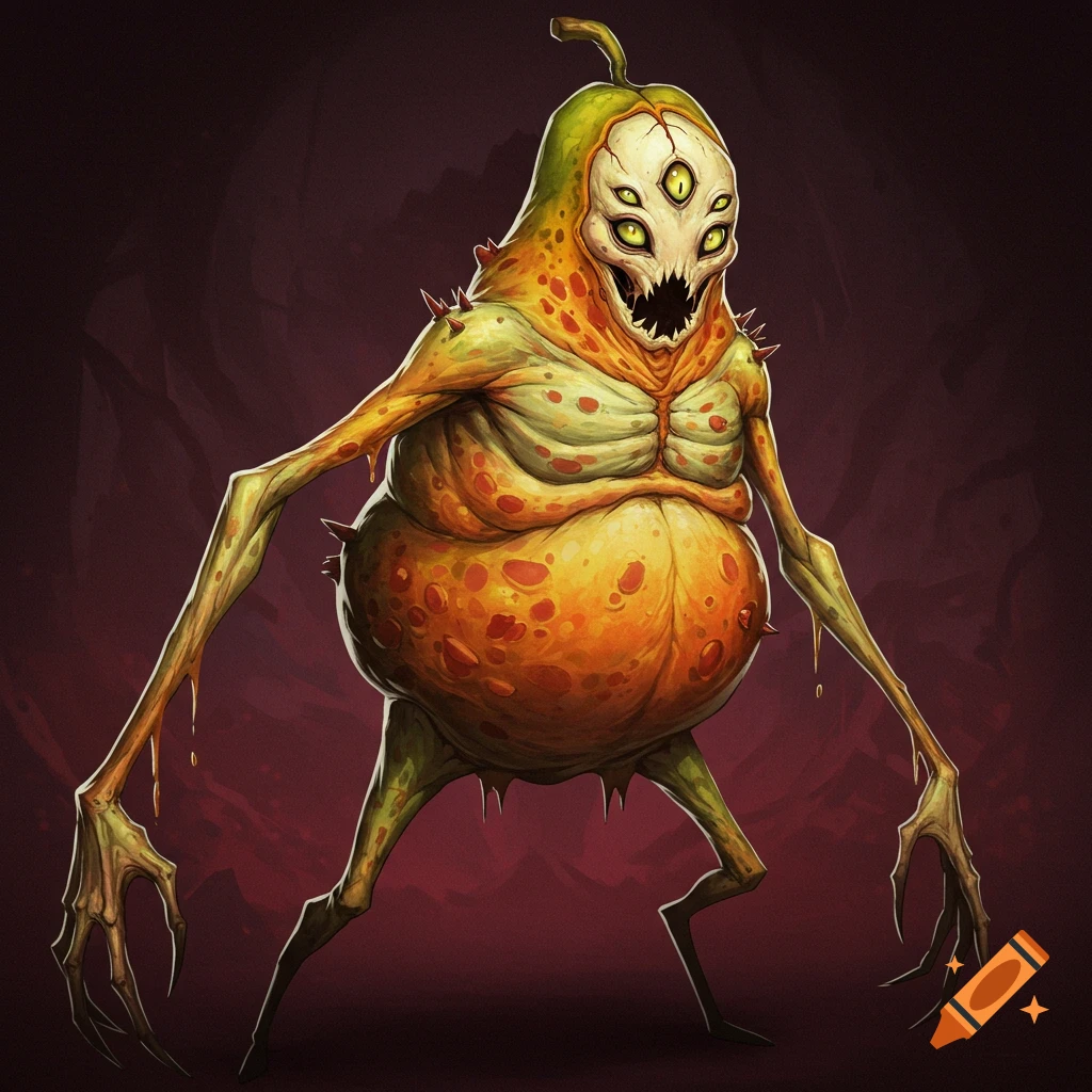 A grotesque, pear-shaped monster with six glowing yellow eyes, sharp teeth, gangly limbs, and mottled orange and green skin, against a dark red background.