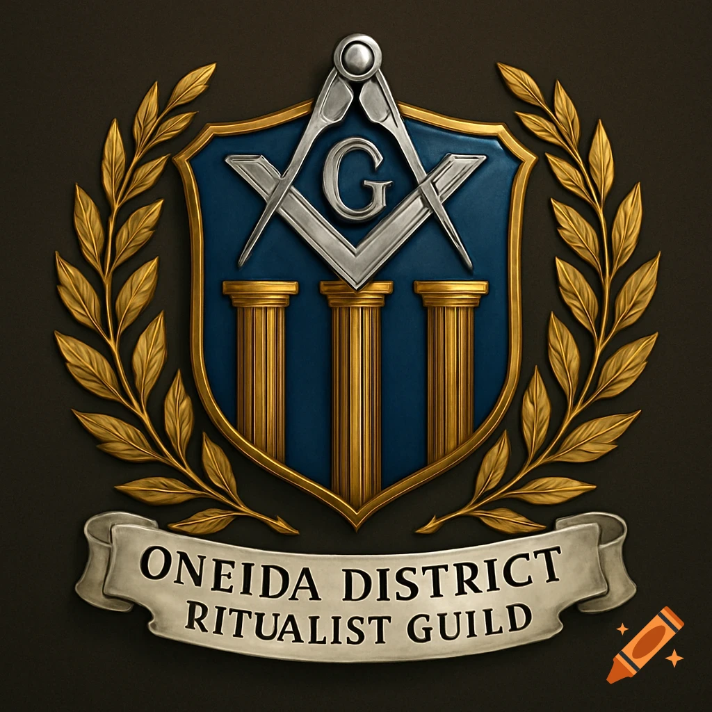 A gold-bordered blue shield with three golden columns and a silver compass and square over a letter G. Gold laurel branches frame the shield. A silver banner below reads "ONEIDA DISTRICT RITUALIST GUILD."