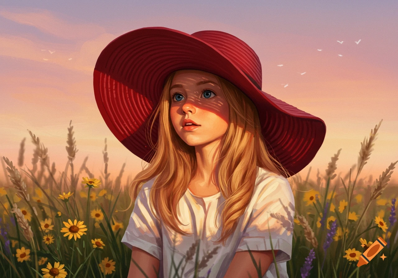 A young blonde girl in a red hat looks up in a field of wildflowers at sunset, digital art.