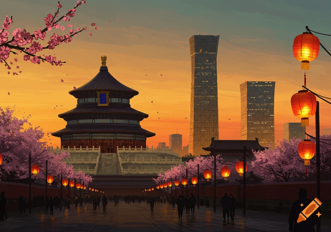 An illustrated cityscape at sunset with a traditional Chinese temple, modern skyscrapers, cherry blossoms, and lanterns over a busy street.
