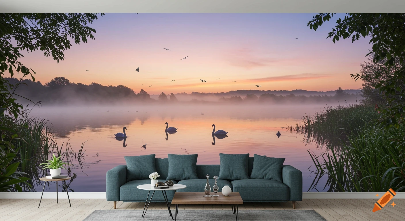 A photorealistic wall mural of a misty lake at sunset with swans and flying birds, integrated into a modern living room with a blue sofa and coffee table.
