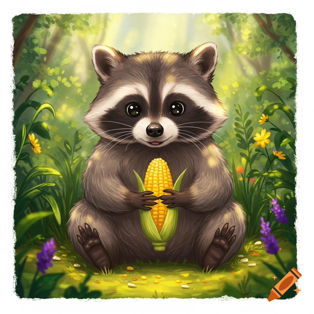 A cute cartoon raccoon sits in a forest, holding a bright yellow corn cob.