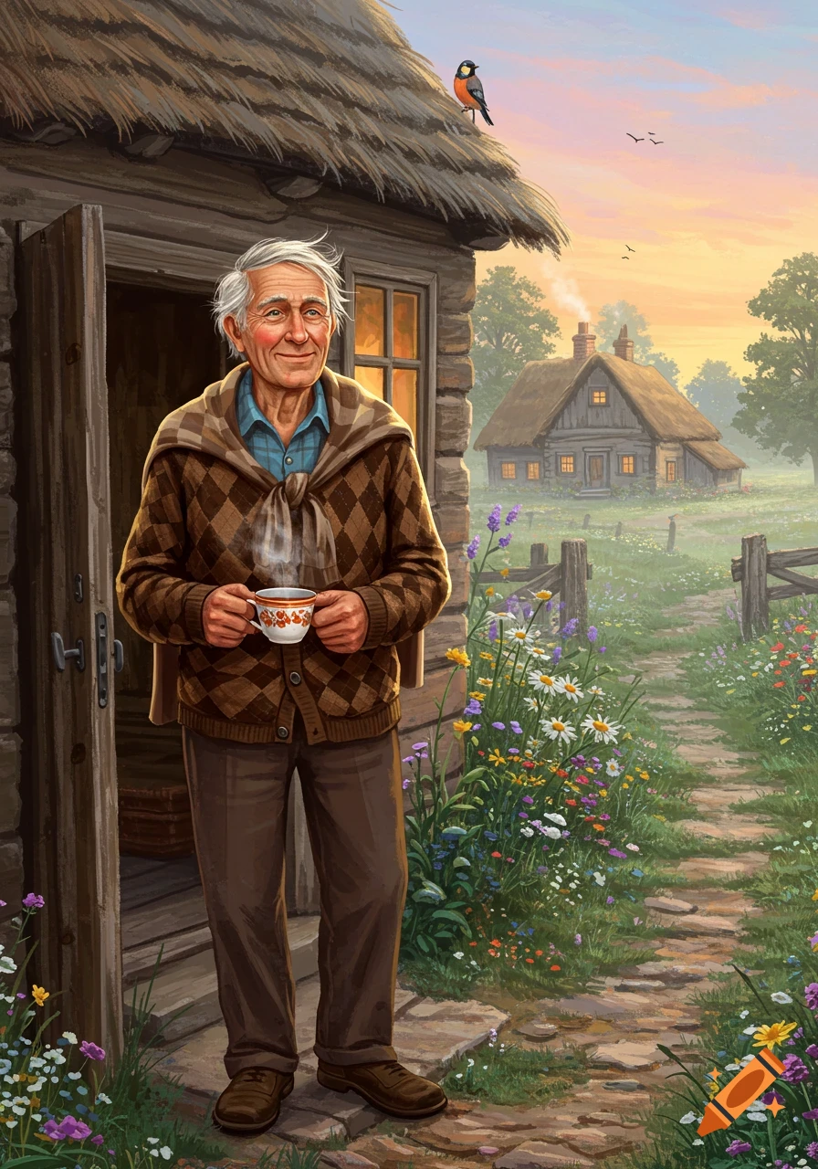 An elderly man with white hair, wearing a brown patterned cardigan, smiles while holding a steaming cup outside a rustic wooden house at sunrise, with wildflowers in the foreground.