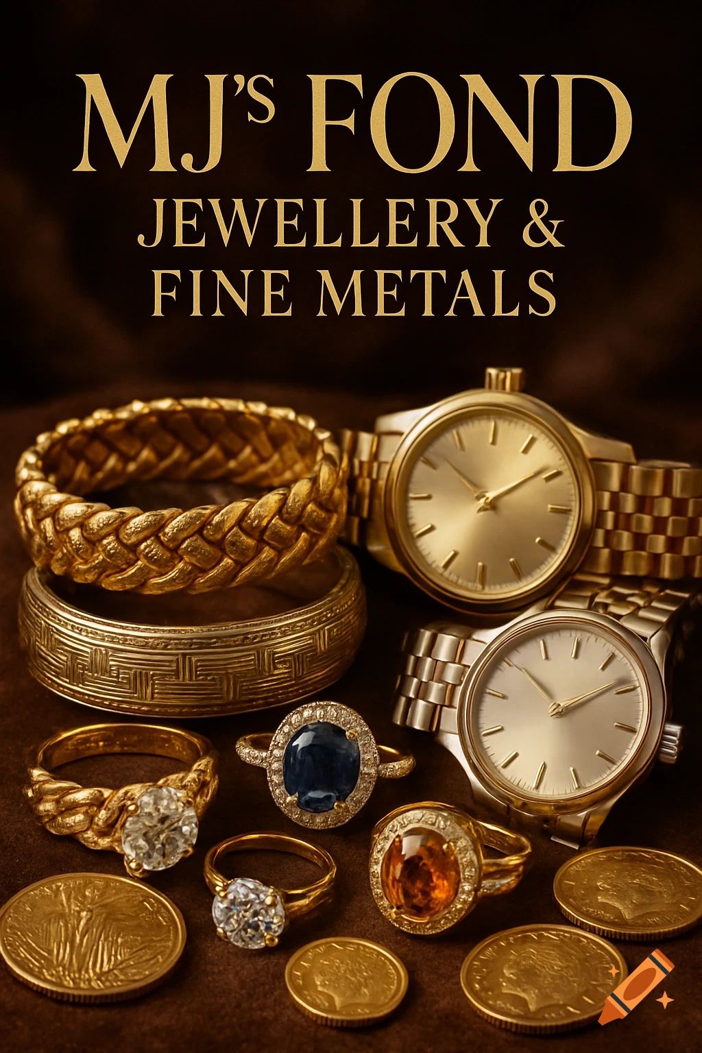 Gold jewelry, watches, and coins displayed on a brown surface under the text 'MJ's FOND Jewellery & Fine Metals'.