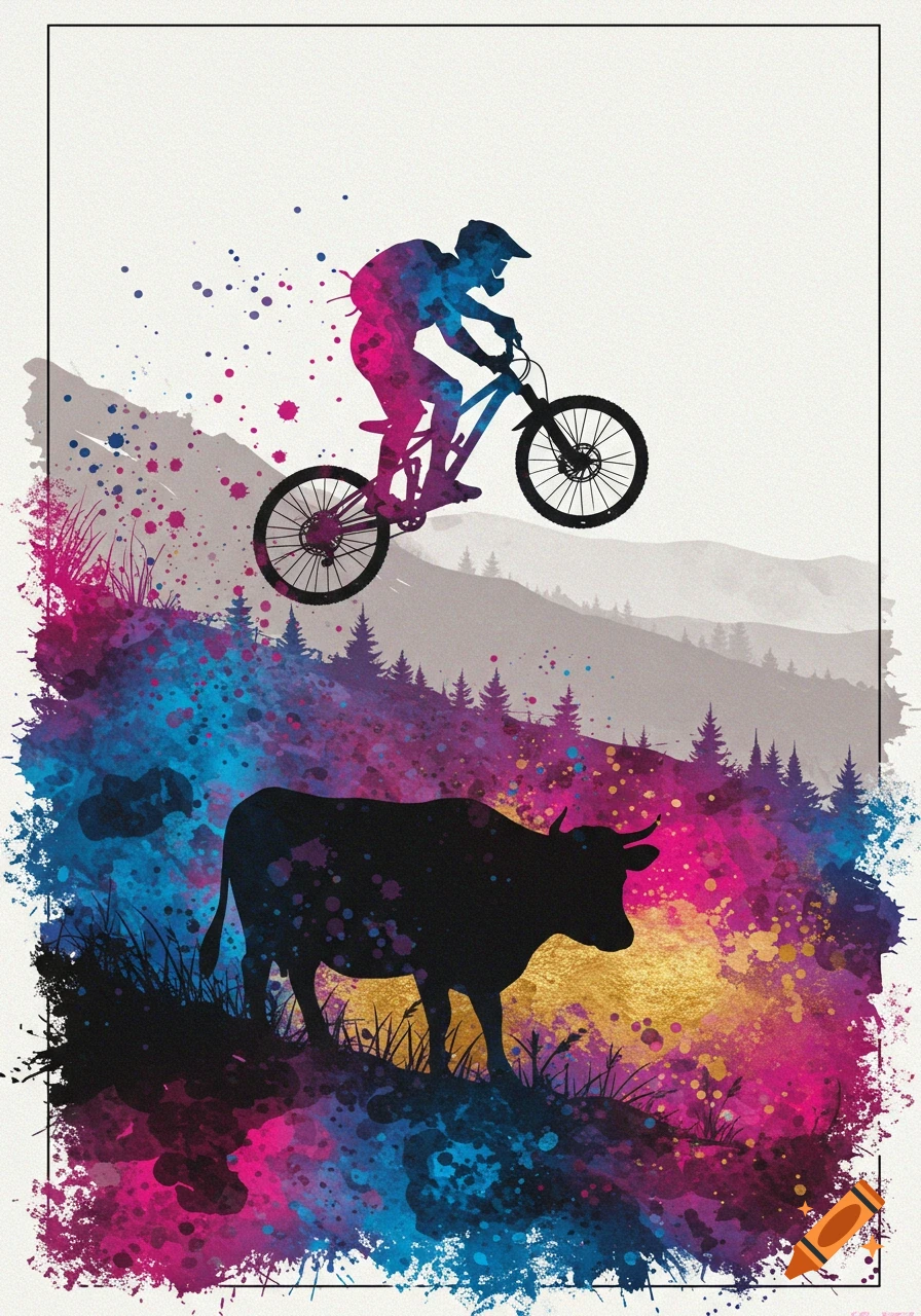 Watercolor silhouette of a mountain biker jumping over a cow with colorful ink splatters.