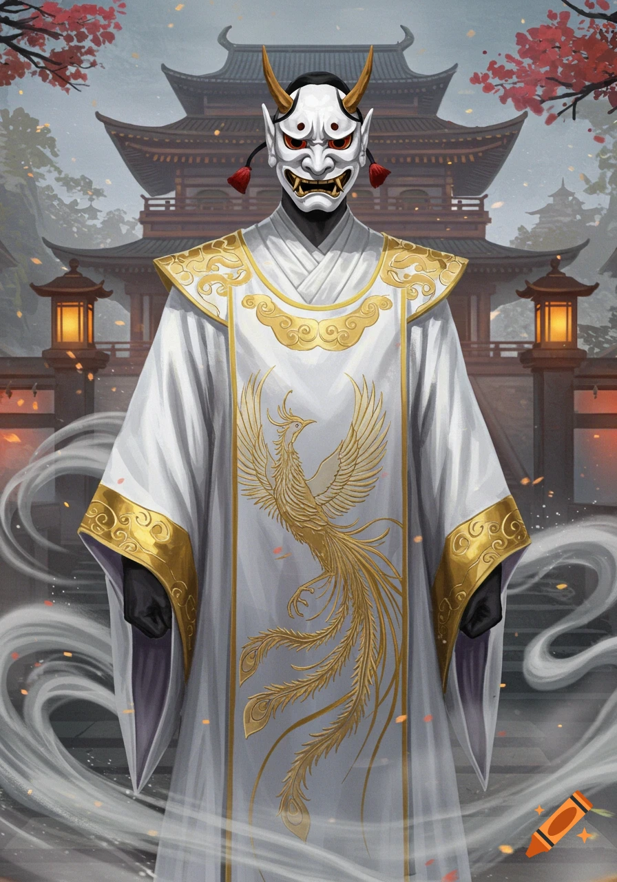 A tall male figure wearing a white Oni mask and white robes with a golden phoenix design, standing before a traditional Japanese temple.