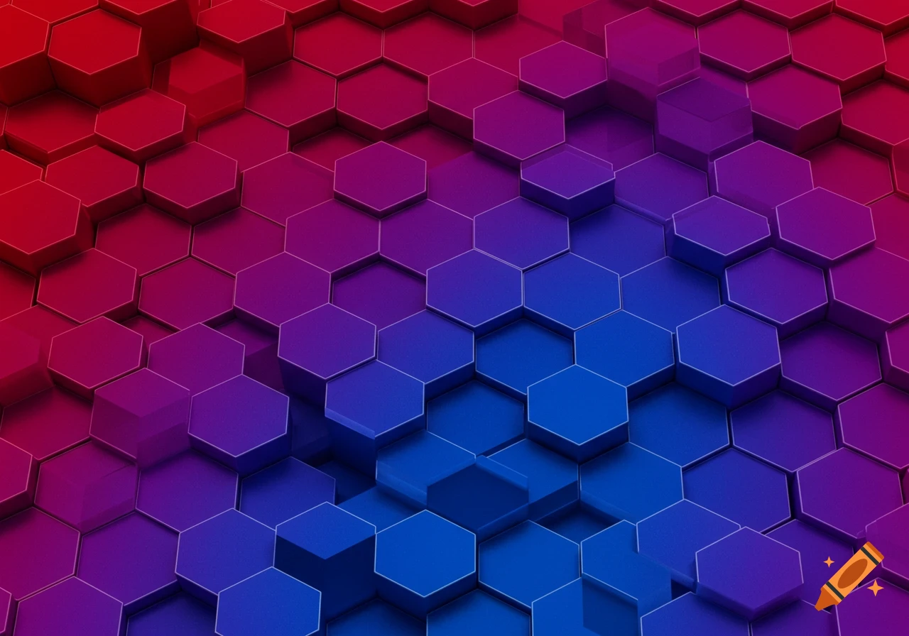A vibrant red, purple, and blue gradient covers a pattern of textured hexagons.