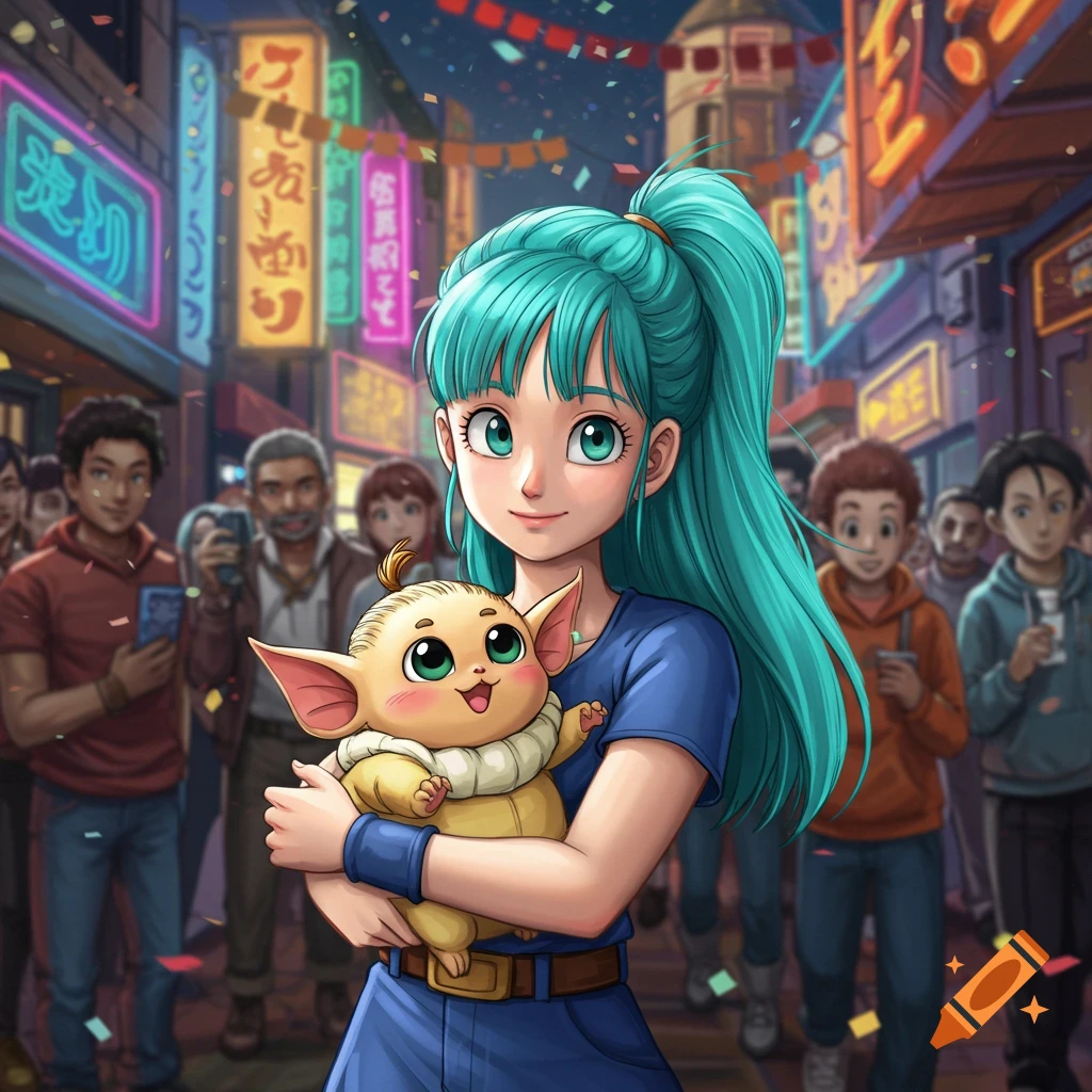 An anime girl with teal hair holds a small, winged creature in a bustling, neon-lit city street at night.