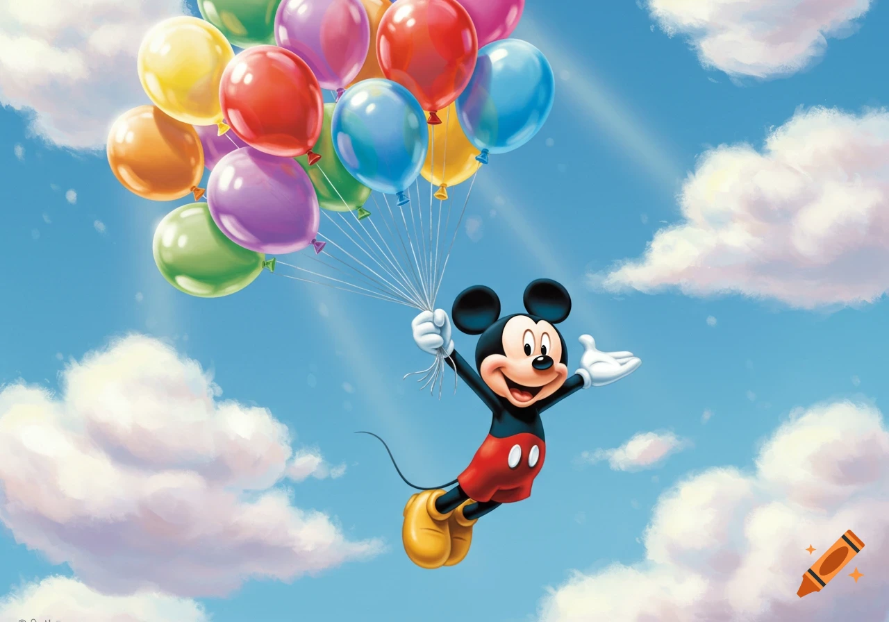Mickey Mouse flying in a blue sky, holding a large bunch of colorful balloons, with white clouds.