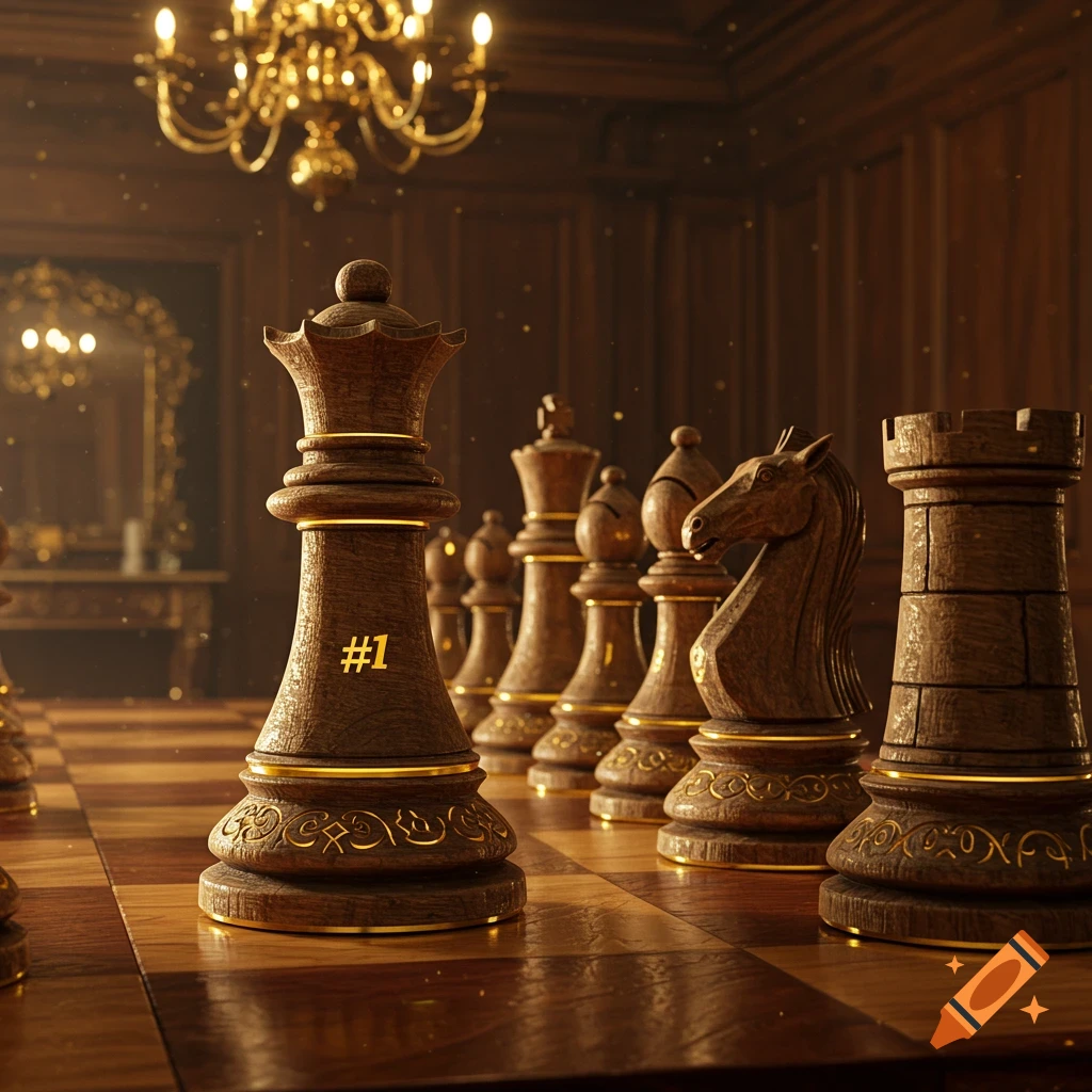 A close-up, photorealistic image of a wooden chess set in a grand, dimly lit room. The queen piece has '#1' on it.