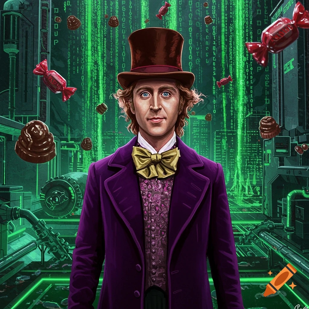 Willy Wonka wearing his signature purple coat and top hat, stands in a futuristic, green-lit Matrix-like environment with falling code, surrounded by floating chocolates.