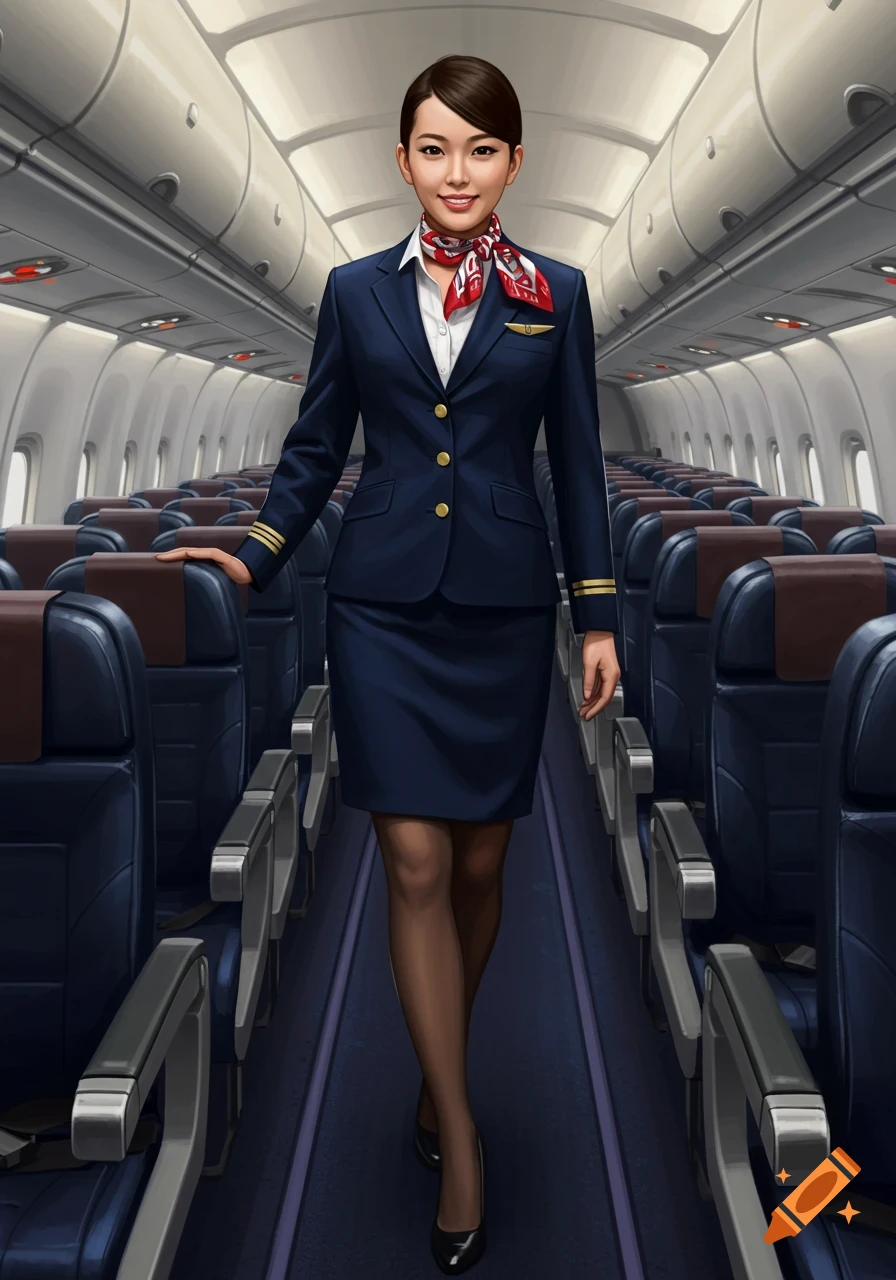 A professional flight attendant in a navy blue uniform smiles while standing in an airplane cabin aisle.