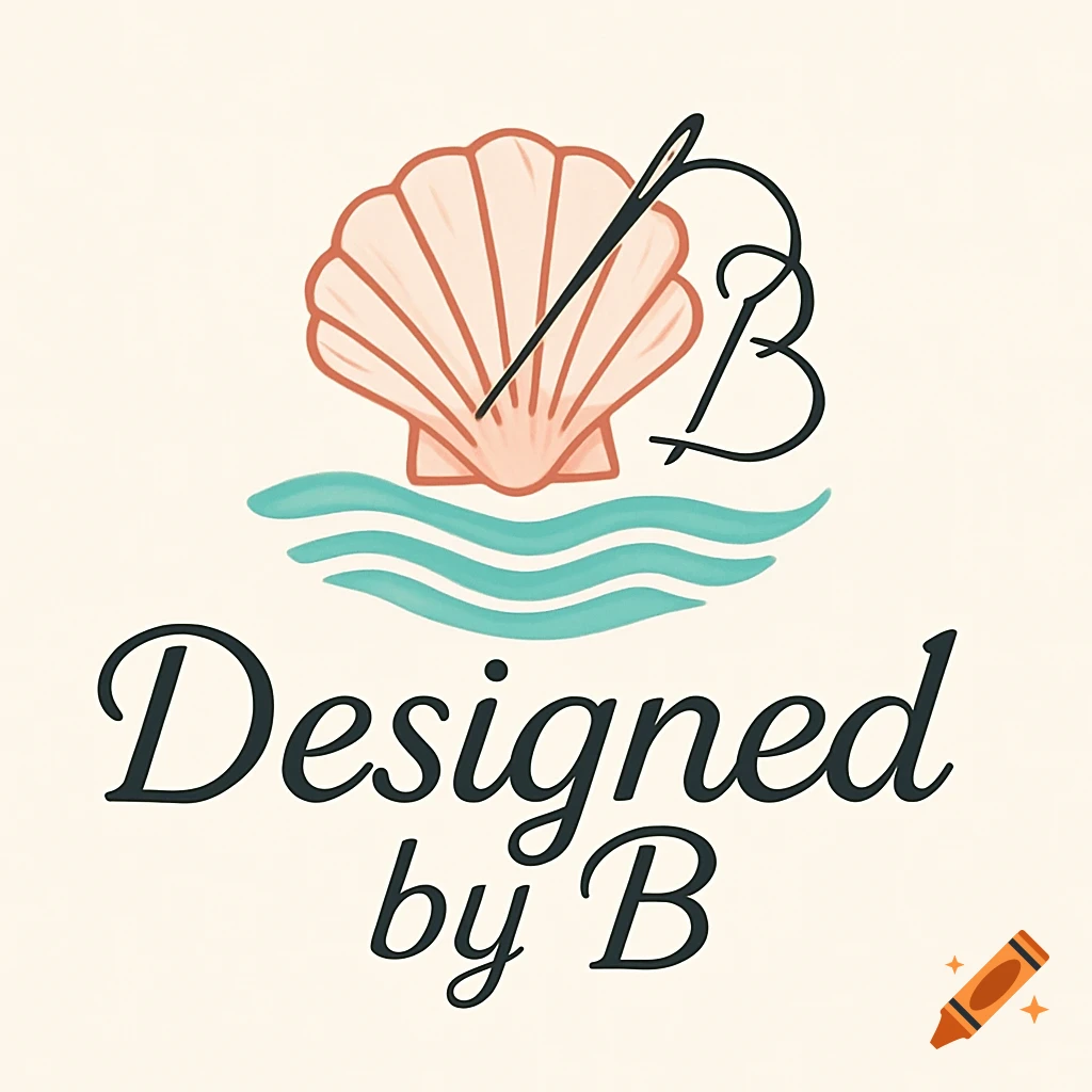 A logo featuring a pink seashell above blue waves, with a black needle integrated into a stylized 'B' initial, and the text 'Designed by B' below in a script font.
