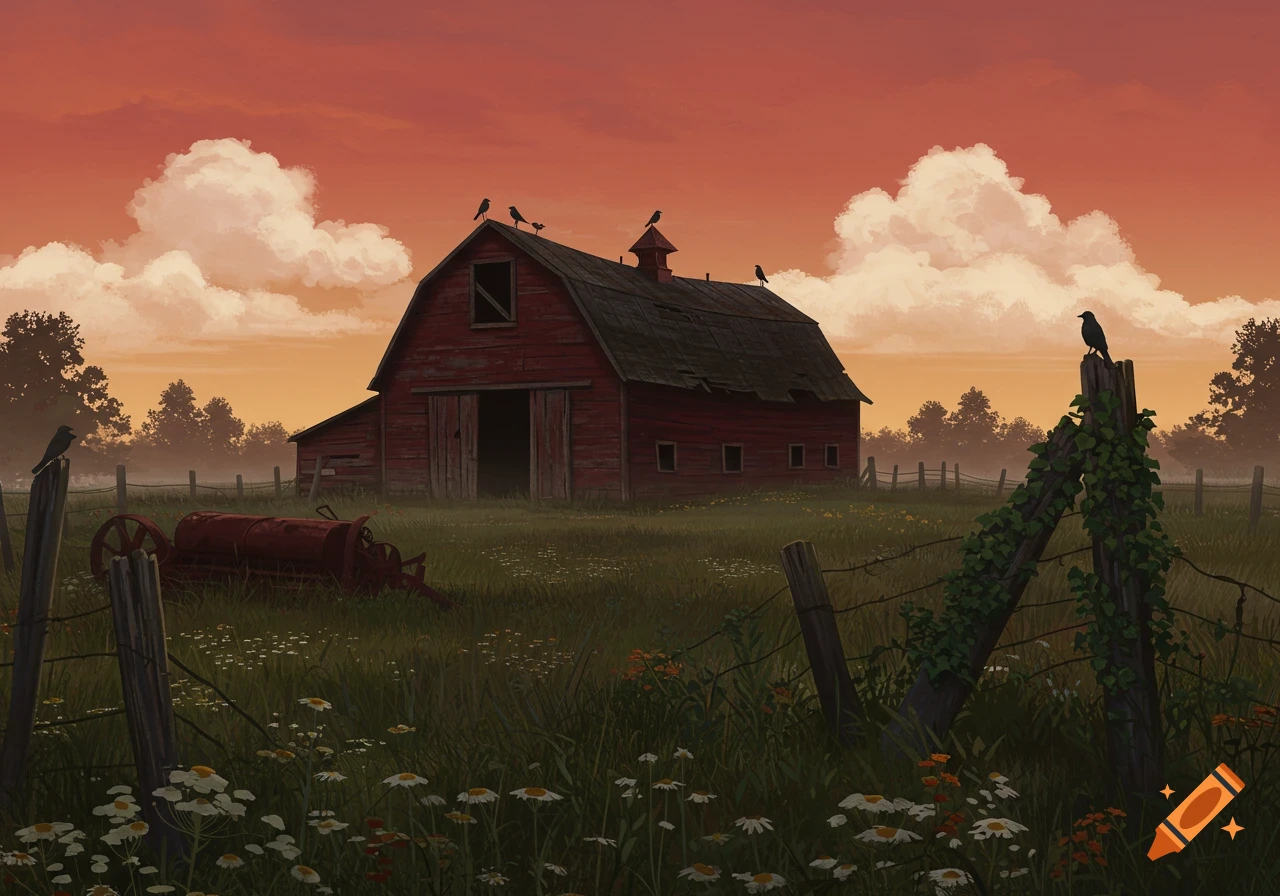 A red abandoned barn in a green field with wildflowers, crows on the roof and fence posts, under a vibrant orange sunset sky. Stylized illustration.