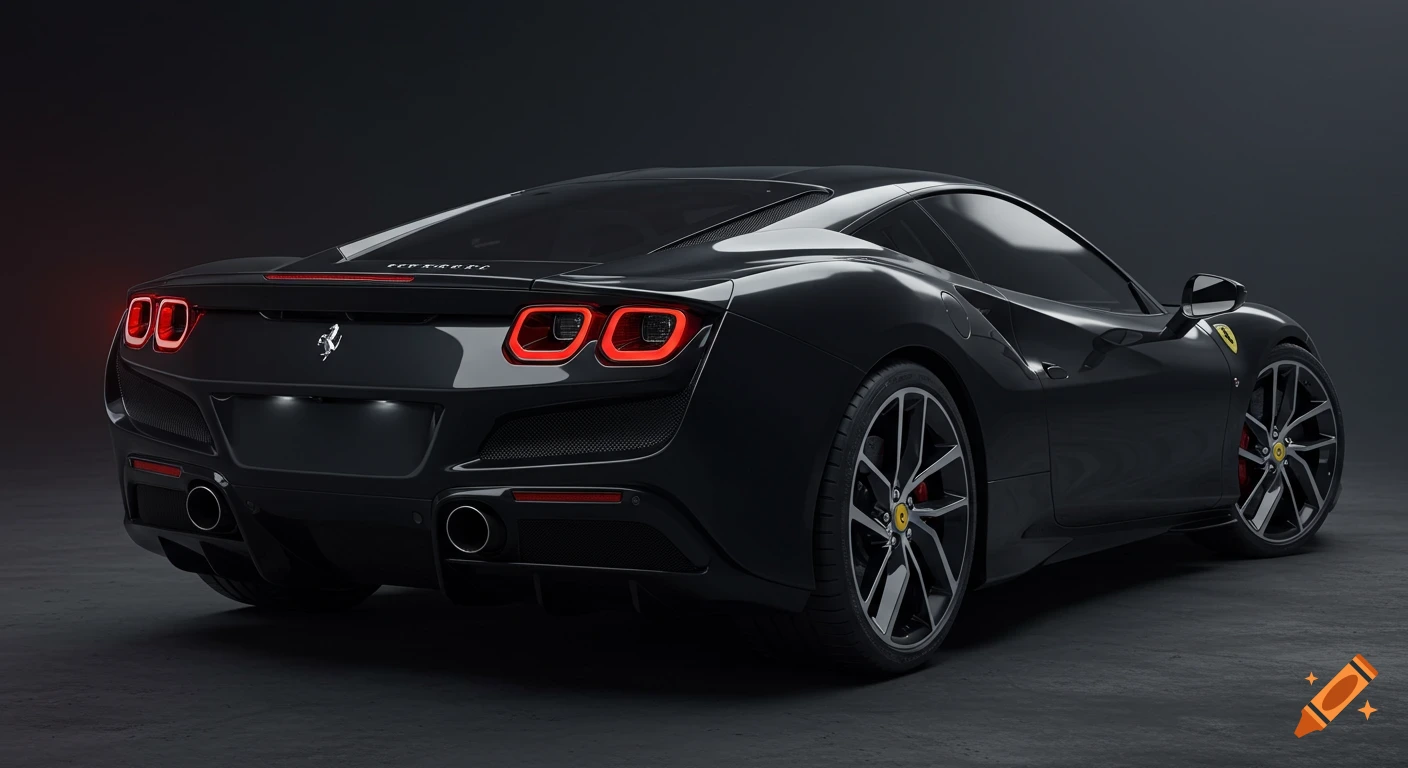 A black Ferrari F8 Tributo seen from the rear, with its taillights illuminated, parked in a dimly lit studio environment.