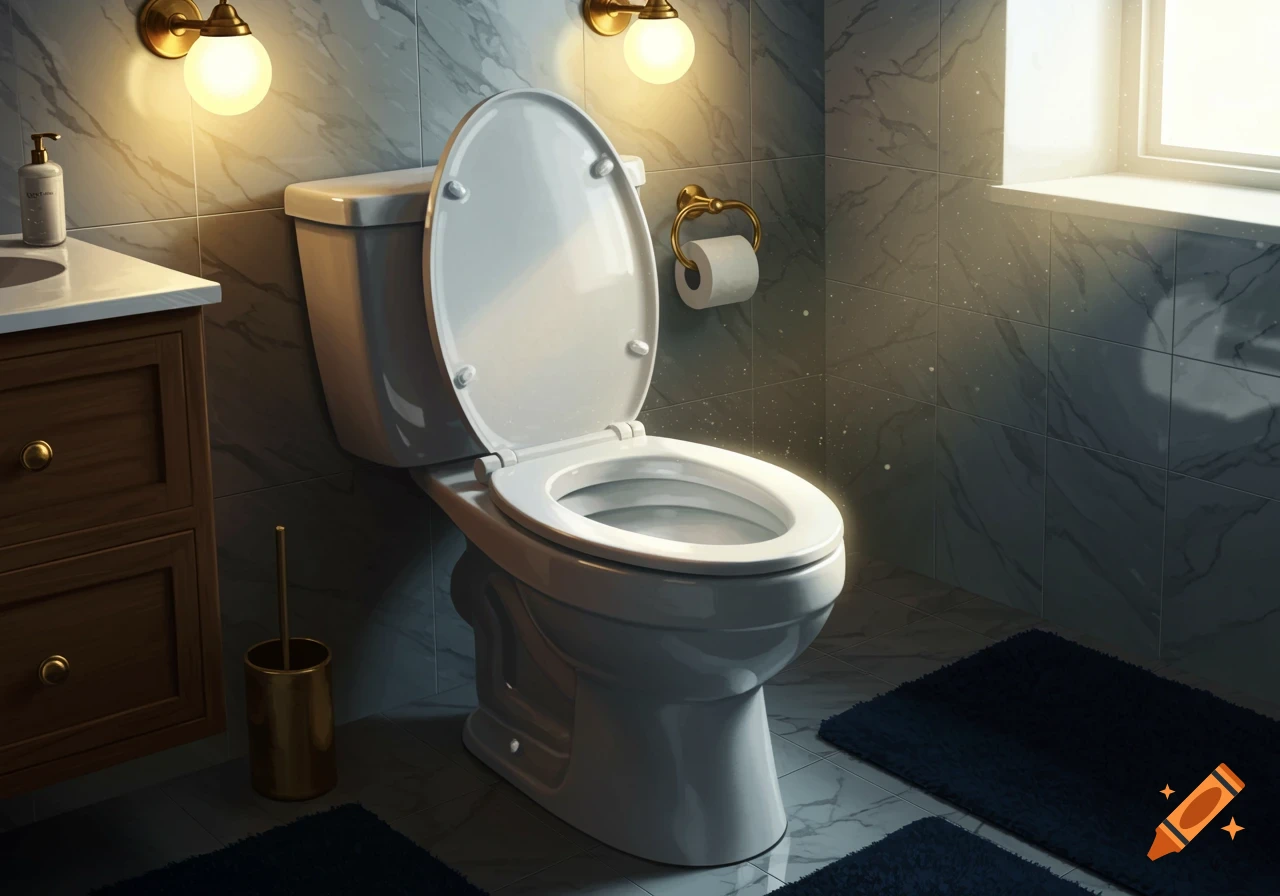 A modern bathroom features a white toilet with the lid open, marble tiled walls, warm lighting from wall sconces, and natural light from a window.