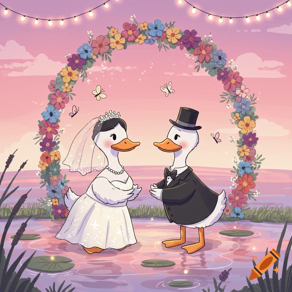 A charming cartoon illustration of two ducks, dressed as a bride and groom, standing in water under a vibrant floral arch.