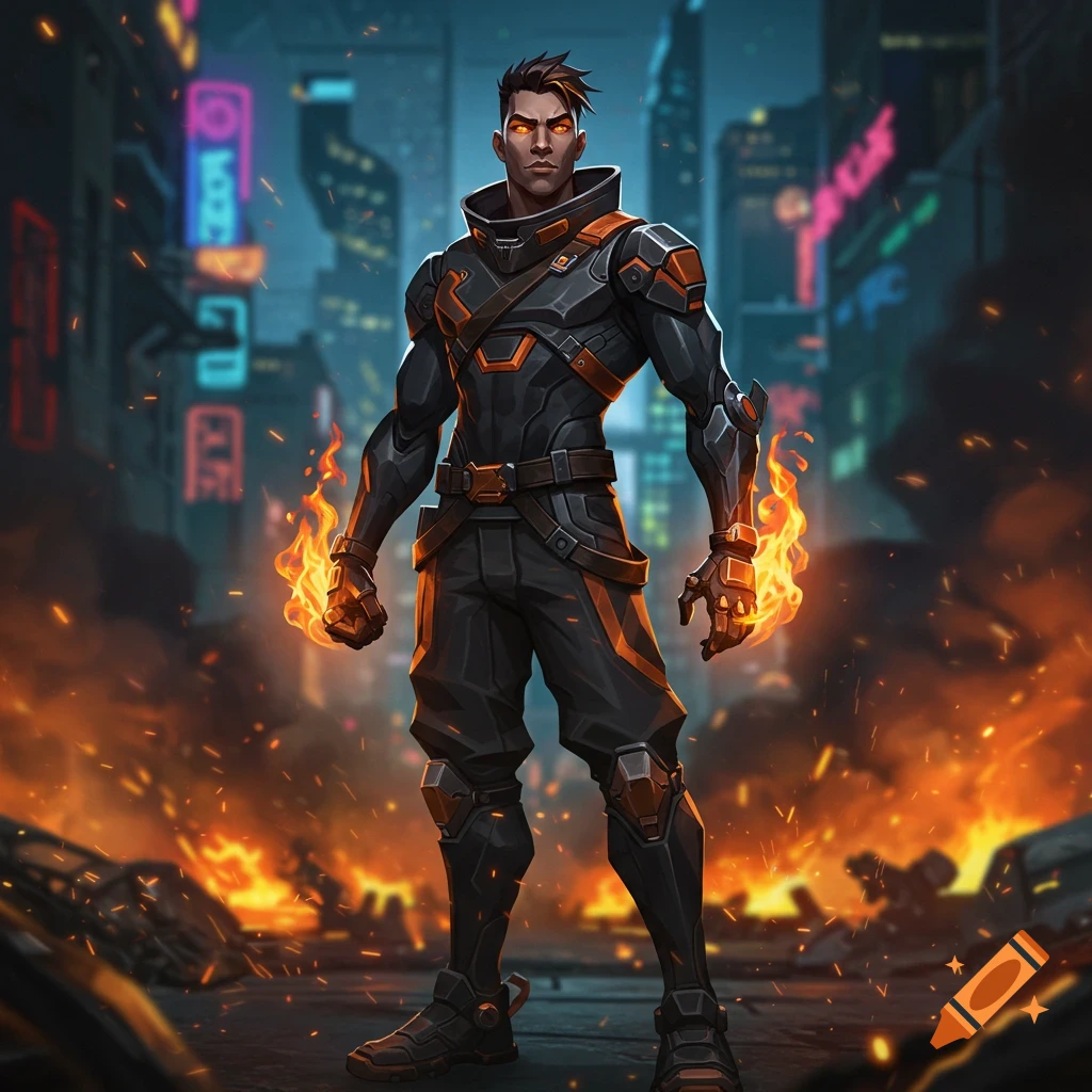 A male character in a black and orange armored suit with fire emanating from his hands stands in a futuristic city at night.