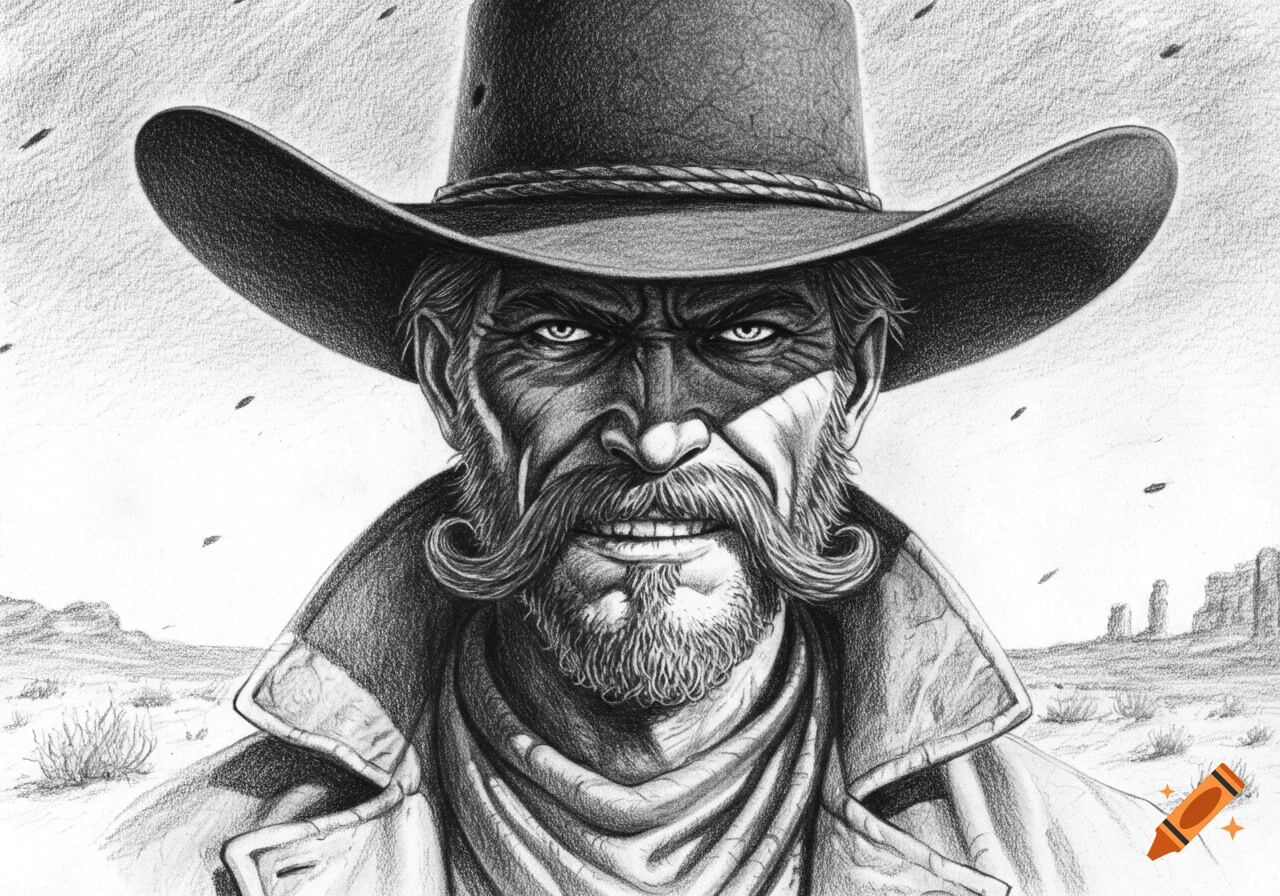 Pencil sketch portrait of a stern cowboy with a mustache, goatee, and cowboy hat against a desert background.