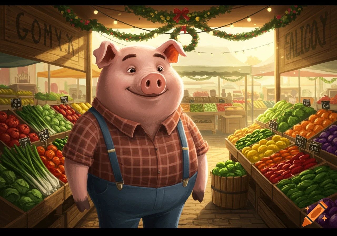 A happy cartoon pig in overalls and a plaid shirt stands in a brightly lit produce market decorated with Christmas garlands.
