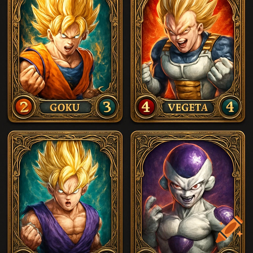 Four ornate Dragon Ball Z trading cards featuring Goku, Vegeta, and Frieza, with golden borders and numbers.