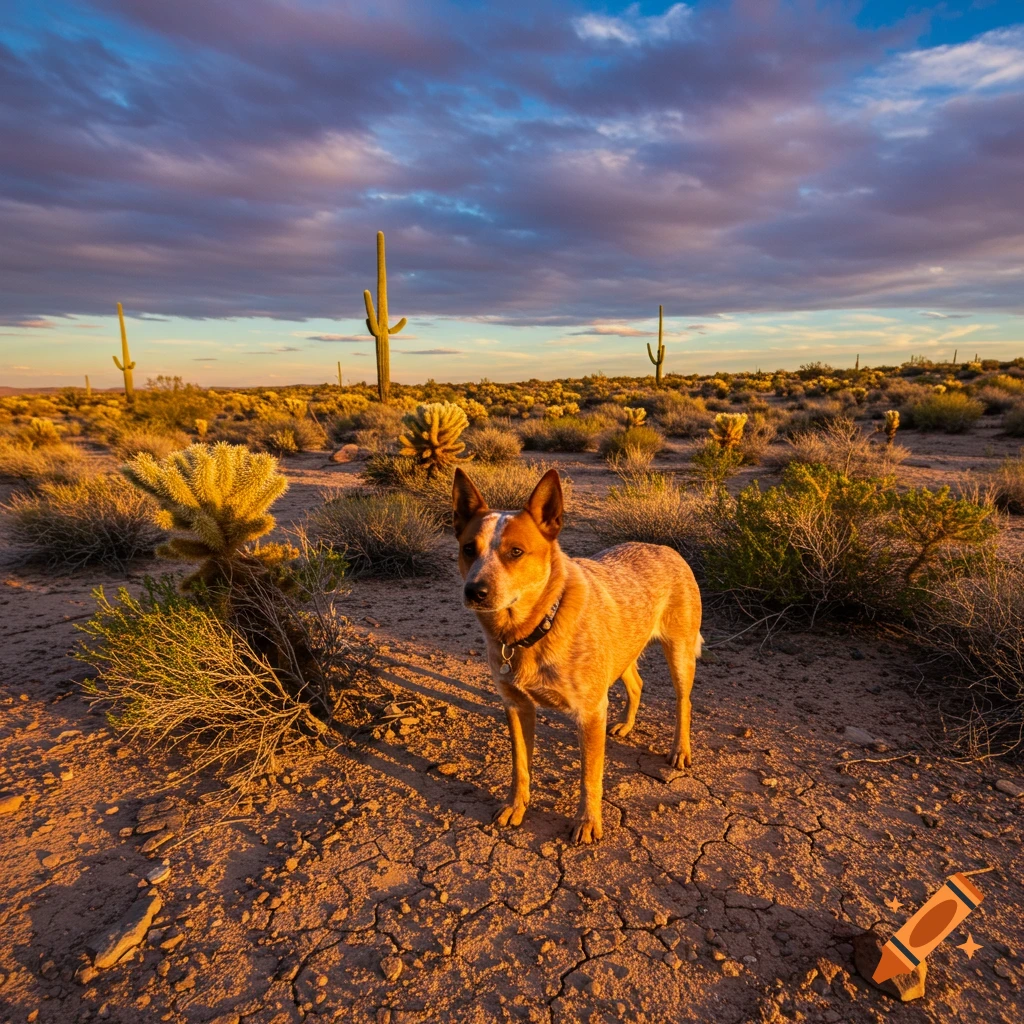 A red heeler dog stands in a desert landscape with cacti under a colorful sunset sky.