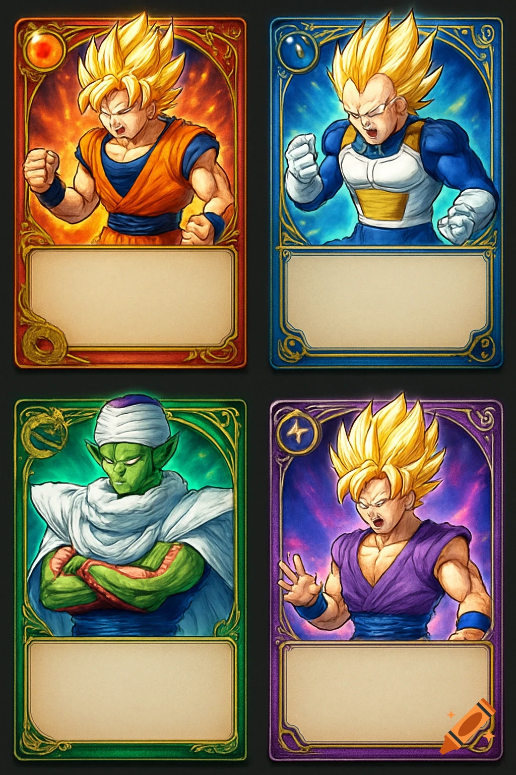 Four Dragon Ball Z characters (Goku, Vegeta, Piccolo, Gohan) on colorful trading card templates with ornate borders.