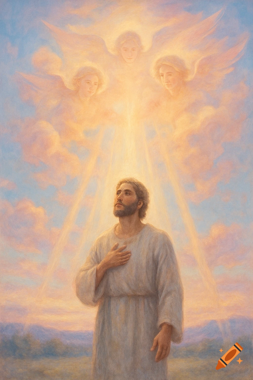 A man in robes looks up at three ethereal angels in a heavenly, light-filled sky. Painting.