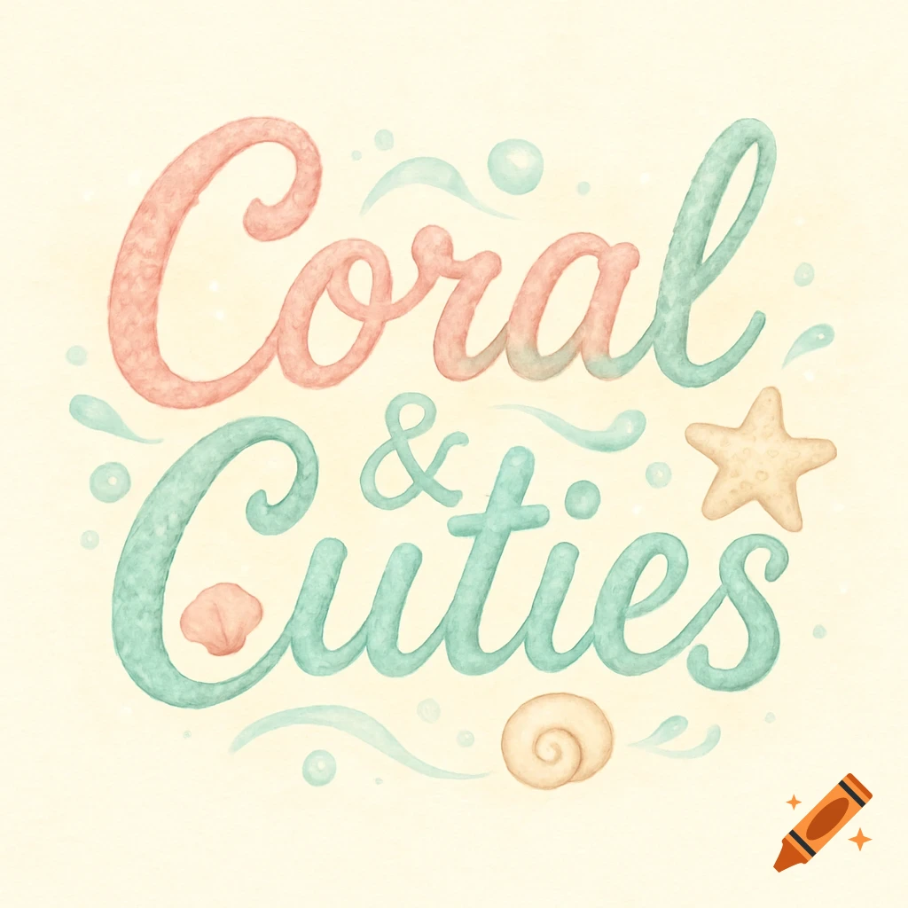 Pastel watercolor logo with 'Coral & Cuties' text, starfish, and shells, conveying a summer oceanic theme.