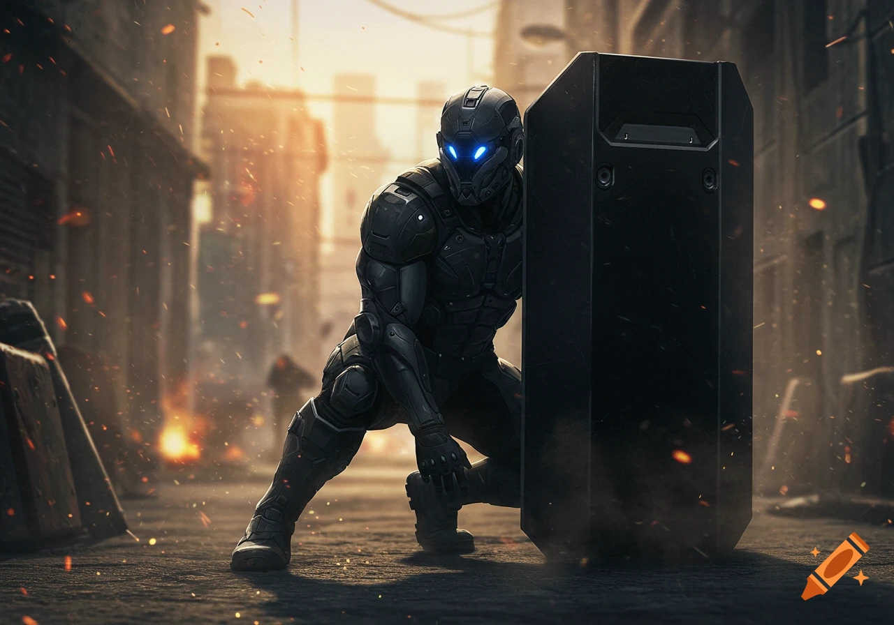 A futuristic tactical soldier in black armor with glowing blue eyes crouches behind a black shield in a smoky, ruined city street during sunset.