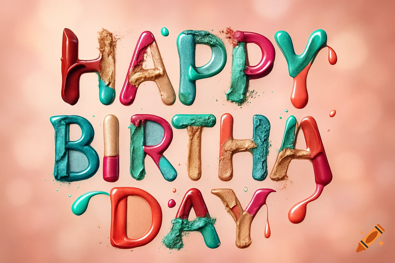 3D text 'HAPPY BIRTHDAY' made from colorful, glossy and powdery makeup products on a peach background.