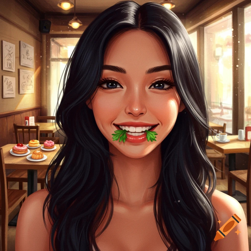 Attractive woman with long dark hair smiling in a restaurant, green leaves stuck in her teeth, digital art style.