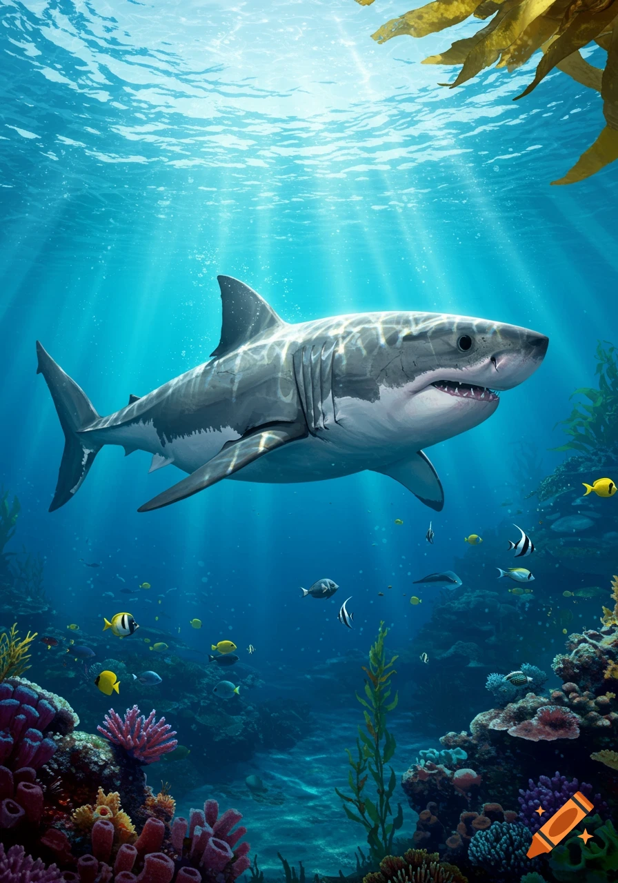 A great white shark swims through a vibrant coral reef, bathed in sunlight filtering through clear blue water.