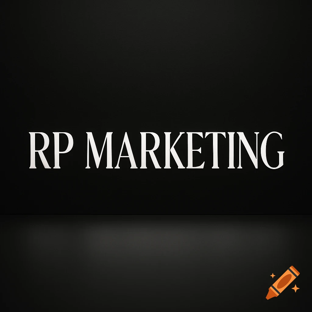 White text 'RP MARKETING' on a black background, with a subtle reflection below.