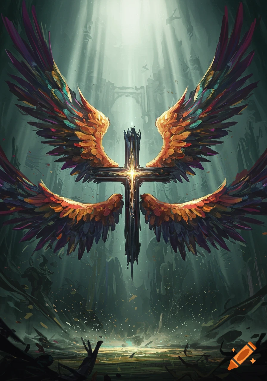 A glowing cross with large, colorful wings in a dark, mystical forest with rays of light breaking through.